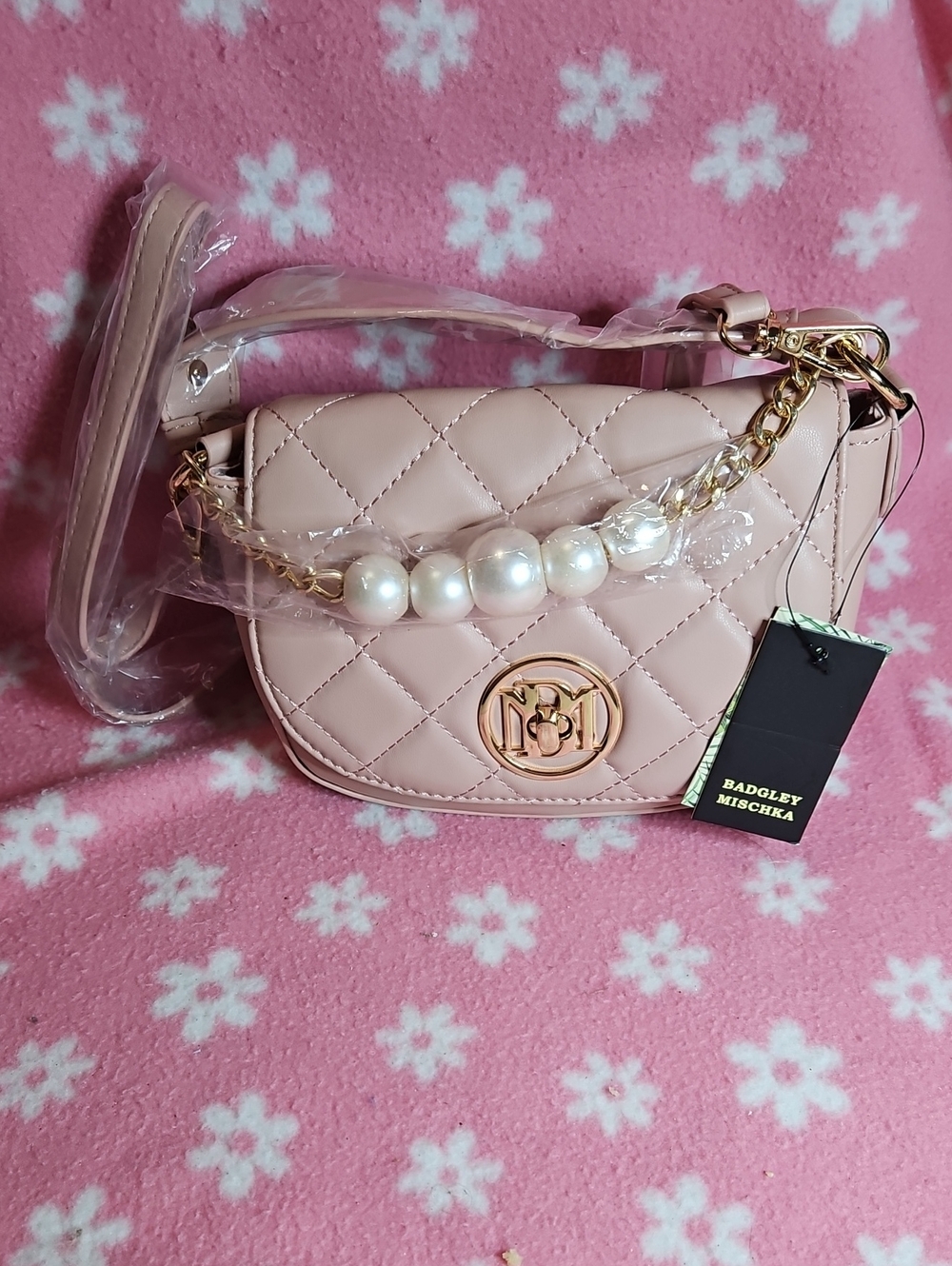 Badgley Mischka Pink Quilted Pearl-Accent Shoulder Bag